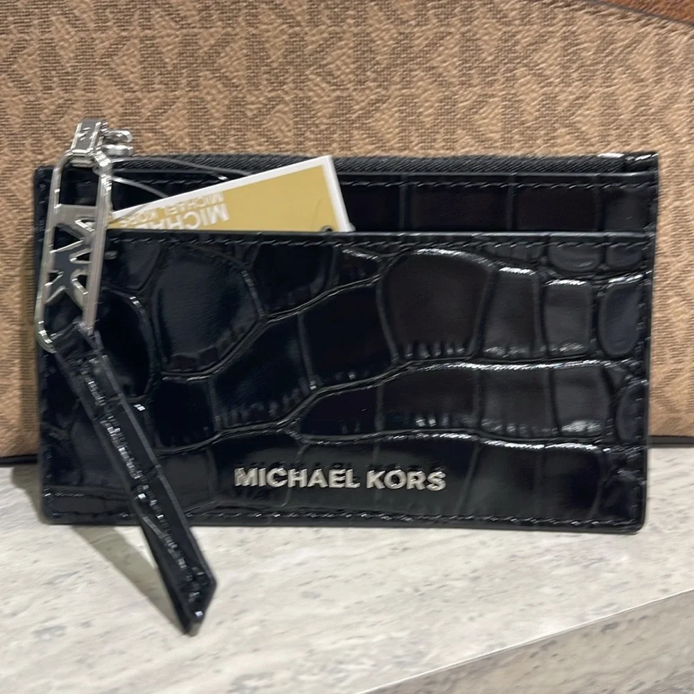 Michael Kors Empire Small Crocodile Embossed Leather Card Case Black  NWT